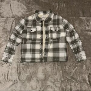 Lucky Sherpa Lined Shacket Plaid Button-Up in Sage/Greyish Green and White